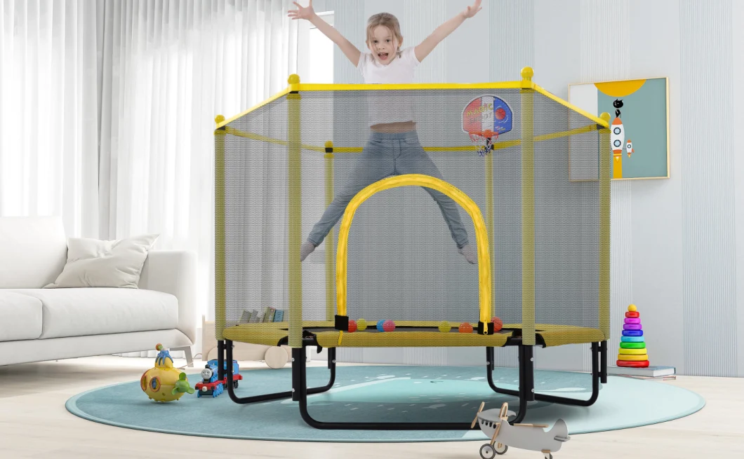 5FT Yellow Trampoline with Safety Enclosure Net Outdoor Mini Toddler Trampoline with Basketball Hoop