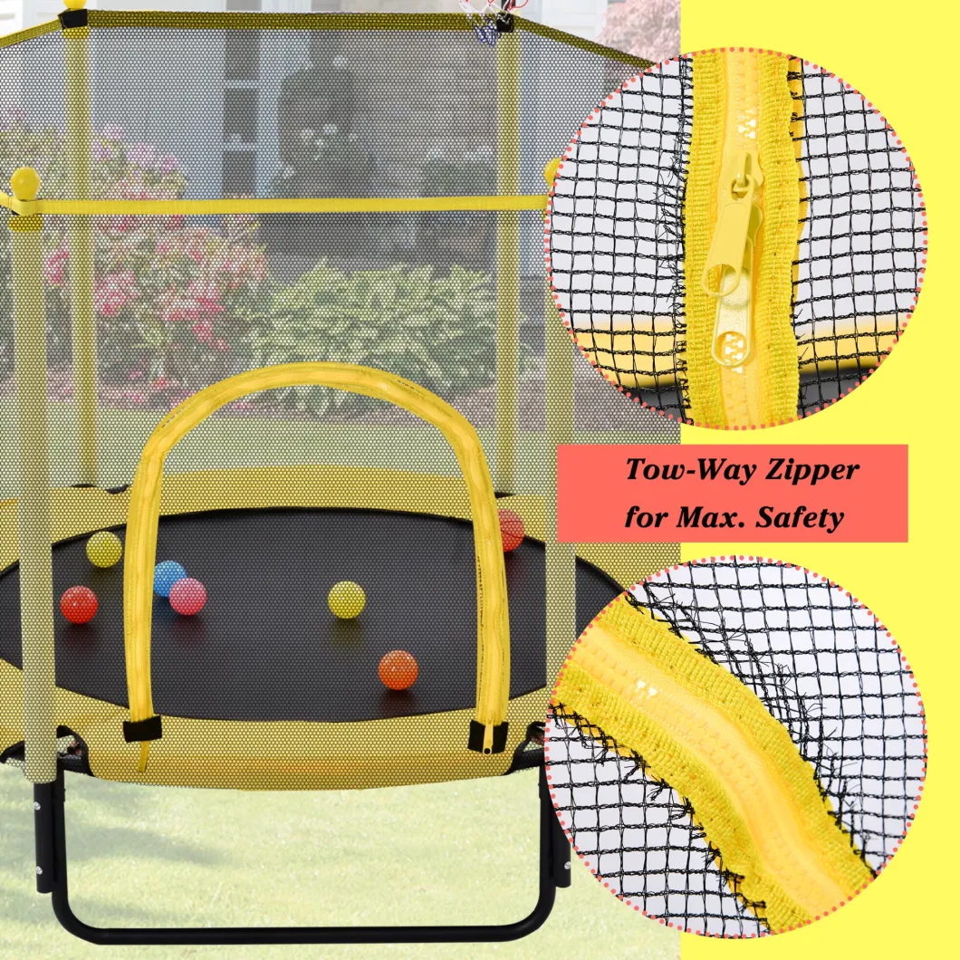 5FT Yellow Trampoline with Safety Enclosure Net Outdoor Mini Toddler Trampoline with Basketball Hoop